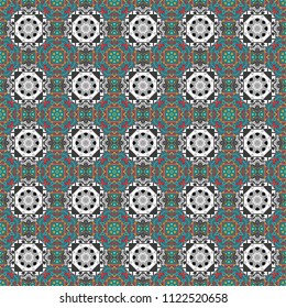 Vector illustration. Seamless geometric pattern with mandalas. Stylish ornamental wallpaper in gray, blue and brown colors.