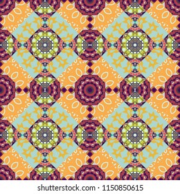 Vector illustration. Seamless geometric pattern with mandalas. Stylish ornamental wallpaper in blue, red and orange colors.