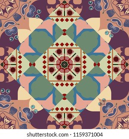 Vector illustration. Seamless geometric pattern with mandalas. Stylish ornamental wallpaper in violet, blue and pink colors.