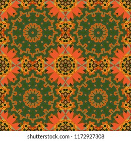 Vector illustration. Seamless geometric pattern with mandalas. Stylish ornamental wallpaper in orange, gray and green colors.