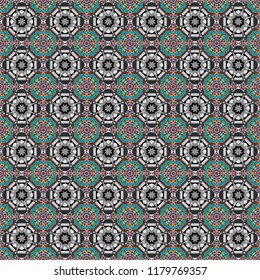 Vector illustration. Seamless geometric pattern with mandalas. Stylish ornamental wallpaper in blue, brown and gray colors.