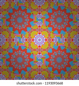 Vector illustration. Seamless geometric pattern with mandalas. Stylish ornamental wallpaper in pink, red and blue colors.