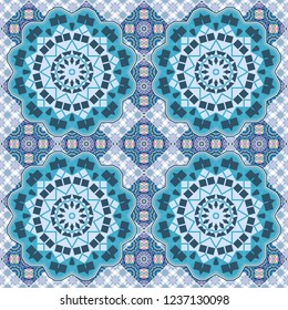 Vector illustration. Seamless geometric pattern with mandalas. Stylish ornamental wallpaper in green, violet and blue colors.