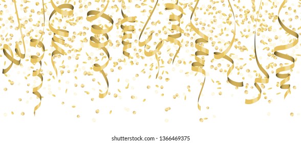 vector illustration of seamless golden colored confetti and streamers for carneval or party time on white background