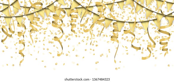 vector illustration of seamless golden colored confetti, garlands and streamers on white background for party or carnival usage