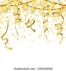 vector illustration of seamless golden colored confetti, garlands and streamers on white background for party or carnival usage