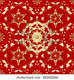 Vector illustration. Seamless golden textured curls. Golden pattern. Red background with golden elements. Oriental style arabesques.