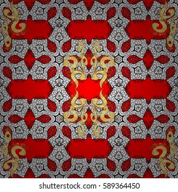 Vector illustration. Seamless golden textured curls. Red background with golden elements. Oriental style arabesques. Vector golden pattern.