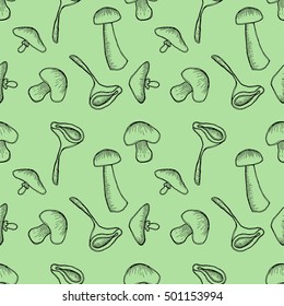 Vector illustration, Seamless green background with different mushrooms. Hand drawn contour lines and strokes. Graphic vector illustration