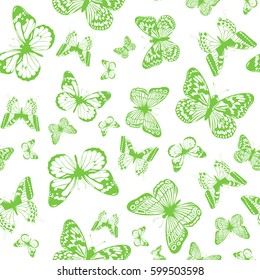 Vector illustration seamless green background with abstract butterfly for print on textile or paper