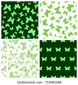 Vector illustration seamless green background set with abstract butterfly for print on textile or paper
