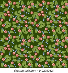 vector illustration of seamless green dark background floral ornament of branches, bright red and blue flowers and leaves of climbing plant
