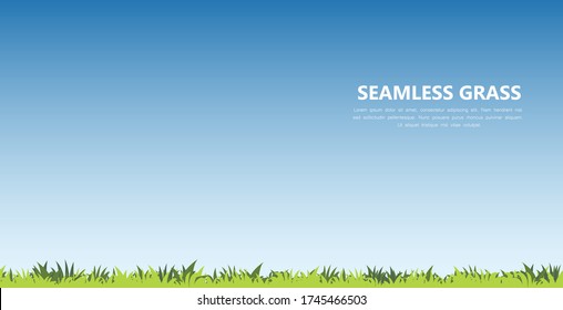Vector illustration of seamless green grass with clear blue sky background in cartoon flat style.