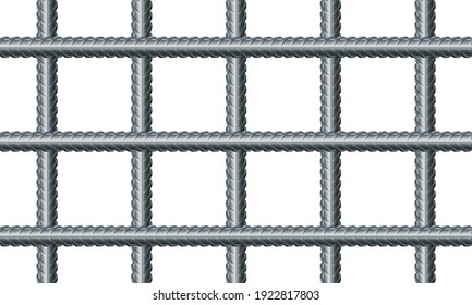 Vector illustration seamless grid from reinforced rebars on white background. Realistic seamless pattern construction reinforcement rebars. Endless stainless armature background. Building material.