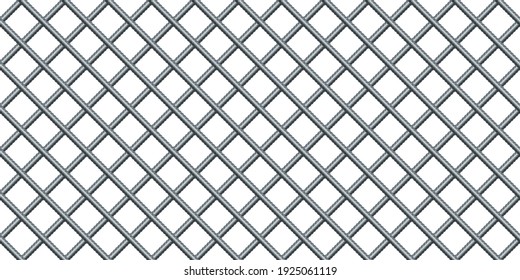 Vector illustration seamless grid from reinforced rebars on white background. Realistic seamless pattern construction reinforcement rebars. Endless stainless armature background. Building material.