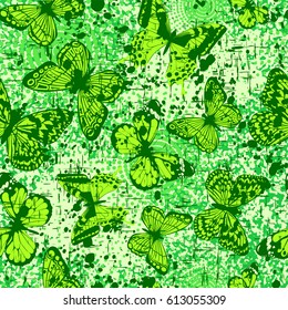 Vector illustration seamless grunge green background with abstract butterfly for print on textile or paper