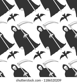 Vector illustration of a seamless Halloween pattern with grim reaper