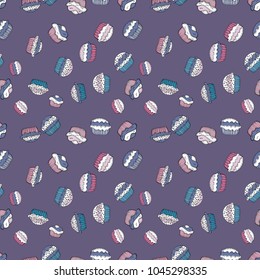Vector illustration. Seamless of hand drawn vintage style cupcakes and muffins. Pastry. Cupcakes flavors doodle illustration on neutral, blue and white.