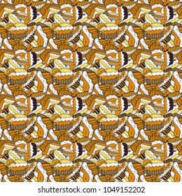 Vector illustration. Seamless of hand drawn vintage cute cupcakes and muffins. Nice birthday pattern on yellow, white and black. Cupcake pattern.