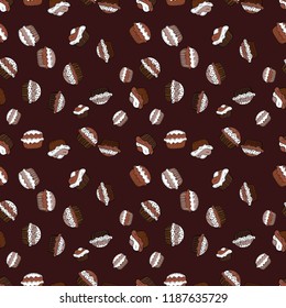 Vector illustration. Seamless of hand drawn vintage cute cupcakes and muffins. Nice birthday pattern on brown, white and black. Cupcake pattern.