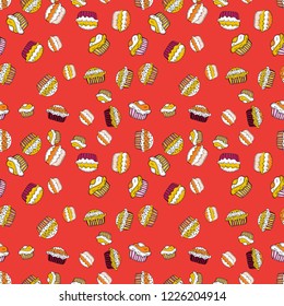 Vector illustration. Seamless with hand drawn doodle desserts: cupcakes, cake, pie, muffins. Nice birthday background on red, white and yellow.