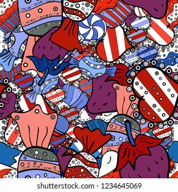 Vector illustration. Seamless of hand drawn vintage cute cupcakes and muffins. Nice birthday pattern on black, white and red. Cupcake pattern.