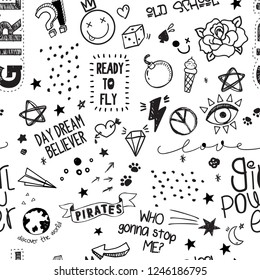 Vector illustration of seamless hand drawn texture with black and white cute sketches, doodles, tattoo, stickers, handwritten letterings, icons, pins, useful elements for fashion design, body art 
