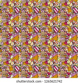 Vector illustration. Seamless of hand drawn vintage cute cupcakes and muffins. Cupcake pattern. Nice birthday pattern on black, yellow and white.