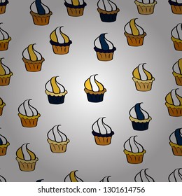 Vector illustration. Seamless with hand drawn doodle desserts: cupcakes, cake, pie, muffins. Nice birthday background on yellow, white and black.