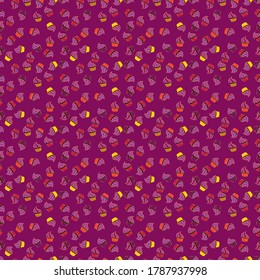 Vector illustration. Seamless with hand drawn doodle desserts: cupcakes, cake, pie, muffins. Nice birthday background on yellow, purple and red.