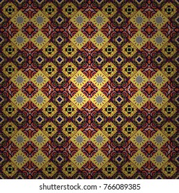 Vector illustration. Seamless hand drawn tribal tiles texture. Ethnic boho style. Native batik watercolor artistic black, orange and yellow seamless pattern.