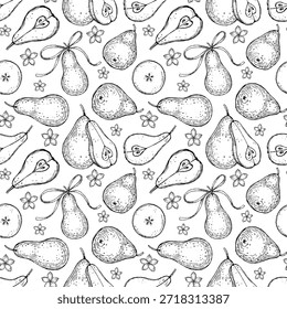 Vector illustration of a seamless hand-drawn pattern with pears, blossoms, and ribbons on a white background. Great for textile design, wrapping paper, packaging, and coloring pages.