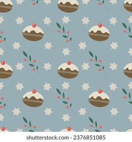 Vektorgrafik. Nahtlose Hanukka-Muster mit Donuts, Star von David und Zweig. Schöne Farben, harmonische Komposition.