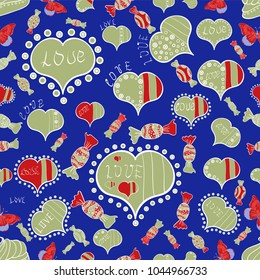 Vector illustration. Seamless Happy Valentine':s Day card seamless background pattern heart. Cute blue, neutral and white colors elements.