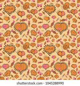 Vector illustration. Seamless Happy Valentine':s Day card seamless background pattern heart. Cute beige, orange and black colors elements.