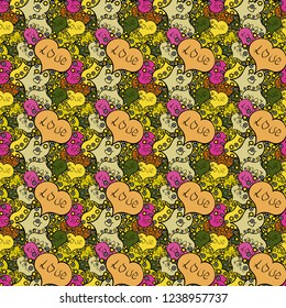 Vector illustration. Seamless Happy Valentine':s Day card seamless background pattern heart. Cute beige, black and yellow colors elements.