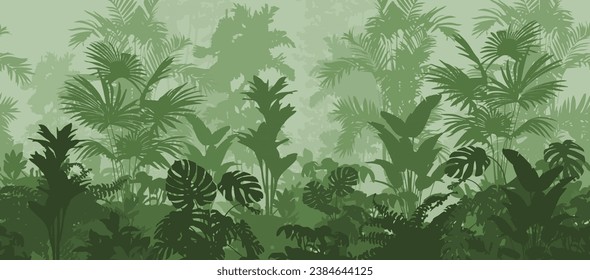 Vector illustration seamless horizontal pattern. Tropical forest with a variety of plants and leaves. Highly detailed silhouettes.