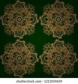 Vector illustration. Seamless vector image of the elements in gold color on green background. For wallpaper, presentation, design, textiles.