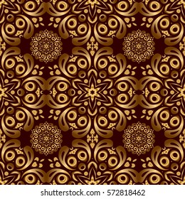 Vector illustration. Seamless vector image of the elements in gold color on brown background. For wallpaper, presentation, design, textiles.