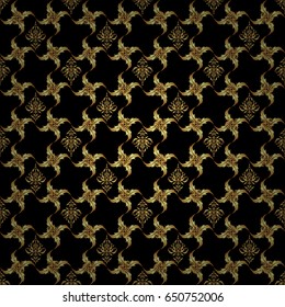 Vector illustration. Seamless vector image of the elements in gold color on black background. For wallpaper, presentation, design, textiles.