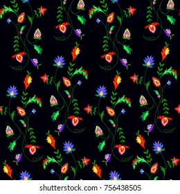 Vector illustration of seamless imaginary flowers pattern on black background.