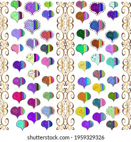 Ilustración vectorial. Tipografía interesante sin inconvenientes. Diseño de amor con diferentes elementos. Antecedentes del día de San Valentín en los colores violeta, blanco y azul.