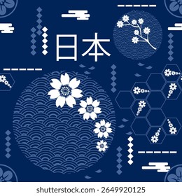 Ilustração vetorial de um padrão uniforme inspirado no Japão com ondas azuis da marinha, desenhos florais e os caracteres kanji para o Japão (日本), simbolizando a cultura japonesa