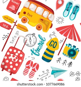 Vector illustration. Seamless journey comic pattern. Planning a summer vacation, adventure or business trip. Objects of tourist and passenger Luggage for Wallpaper, textiles