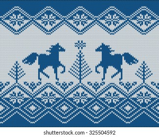 Vector illustration of seamless knitted pattern with horses (2 colors)