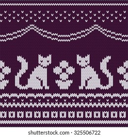Vector illustration of seamless knitted pattern with sitting cats