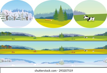 Vector illustration of seamless landscape with green pasture and cows