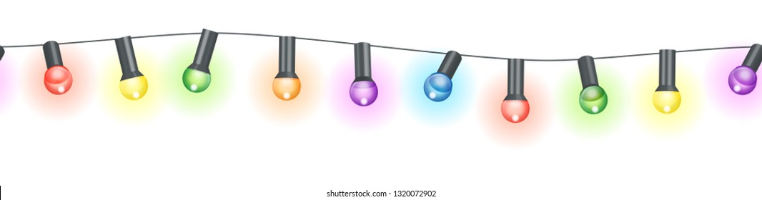 vector illustration of seamless light bulbs string with different colors isolated on white background