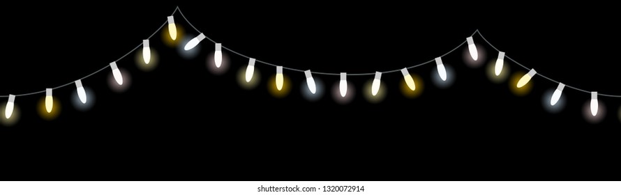 vector illustration of seamless light bulbs string with different colors isolated on black background