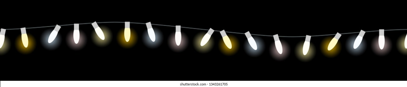 vector illustration of seamless light bulbs string with different colors isolated on black background